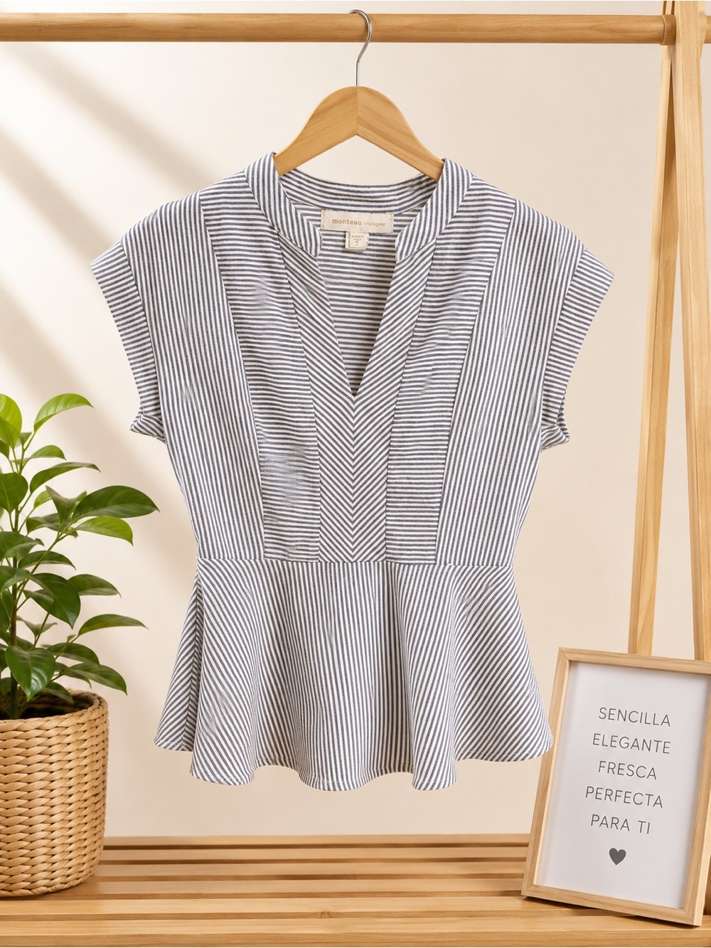 Striped Peplum V-Neck Top - Gray/White